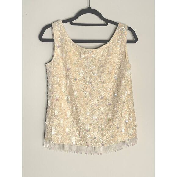 Glam Vintage Soul Tops - Vintage Lillie Rubin Champagne Beaded Fringe Embellished Evening Shell 36 (S)